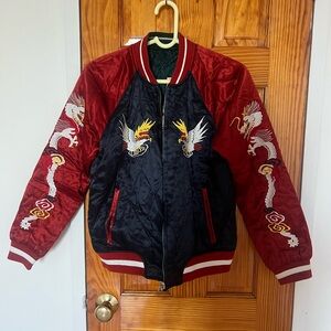 Red and Black Embroidered Dragon Bomber Jacket